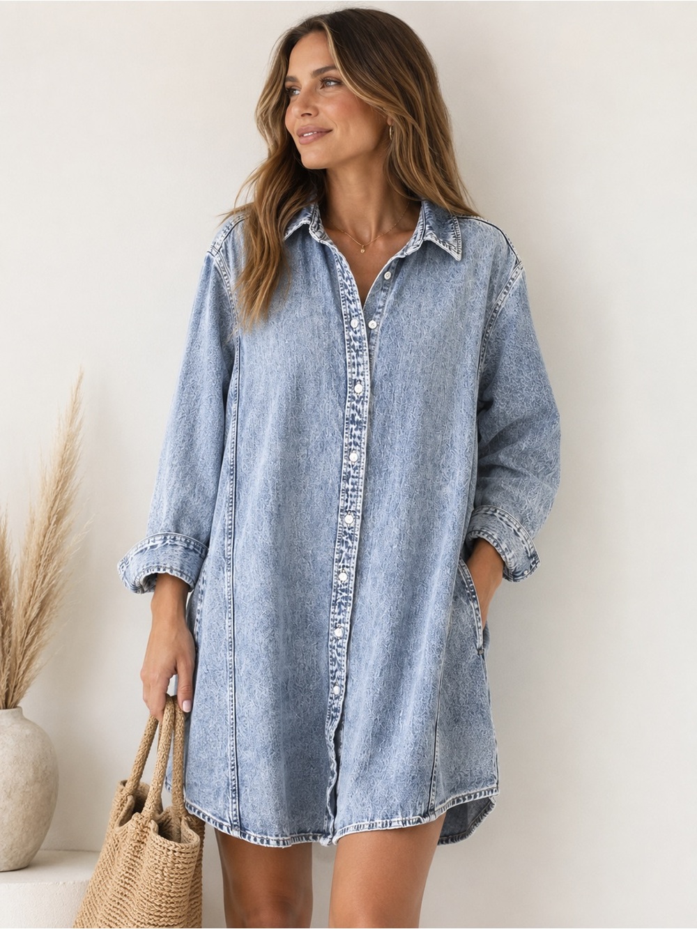 Universal Thread Denim Mini Shirt Dress Womens L Blue Like New Light Wash Button